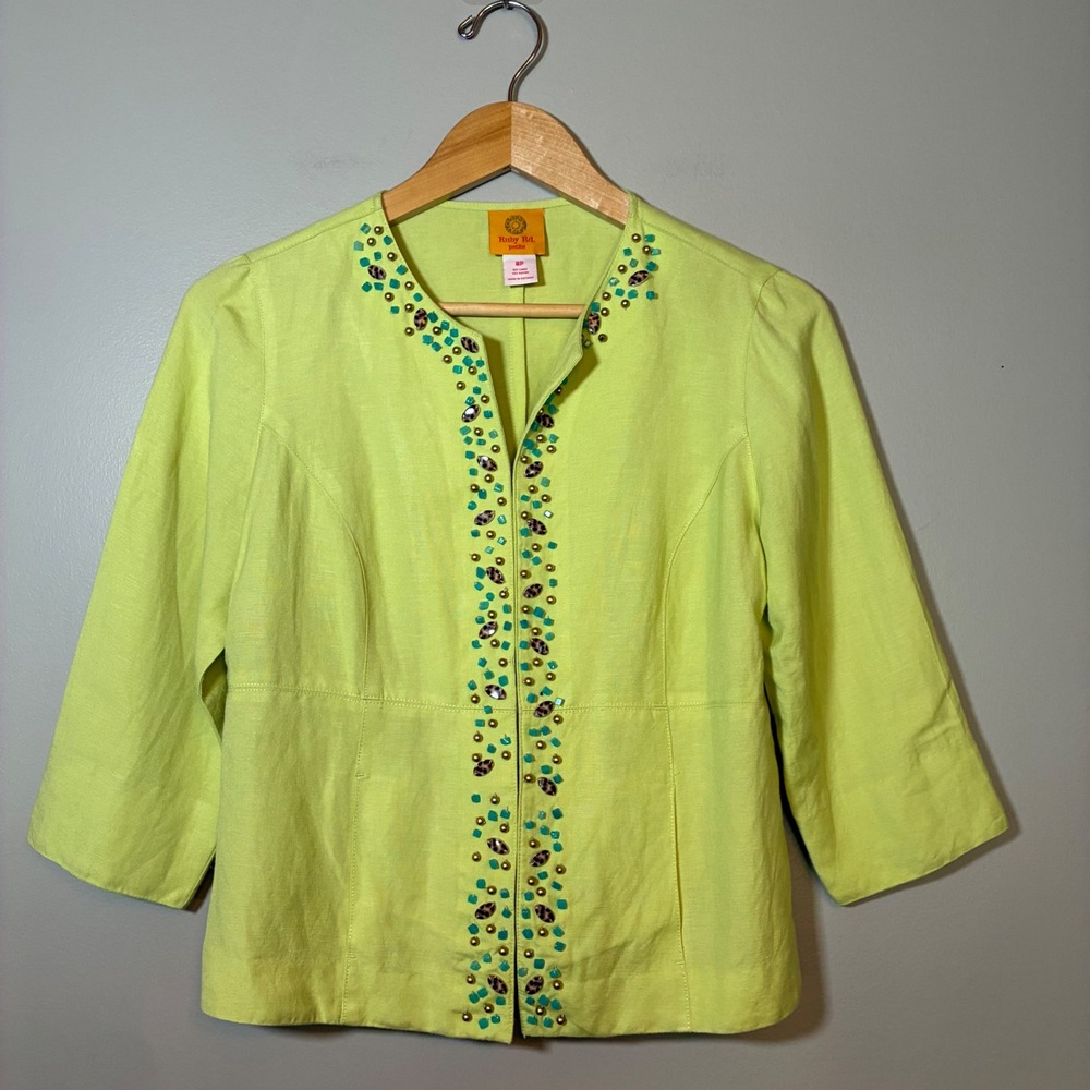 Ruby Rd Petite Lime Green Linen Blend Beaded Studded Open Front Jacket 8P